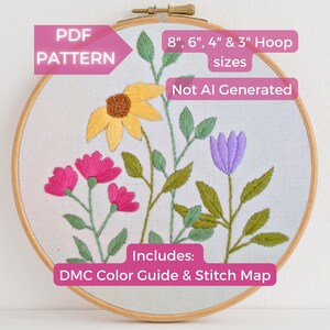 Fleurs sauvages simples - motif de broderie à la main PDF - point et carte en couleur - téléchargement immédiat - 20 - 3", motifs floraux, joli bouquet de fleurs