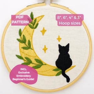 Motif de broderie Chat et lune : motif de point main chat céleste (téléchargement PDF)