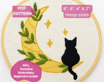 Cat & Moon Embroidery Pattern: Celestial Cat Hand Stitch Pattern (PDF Download)
