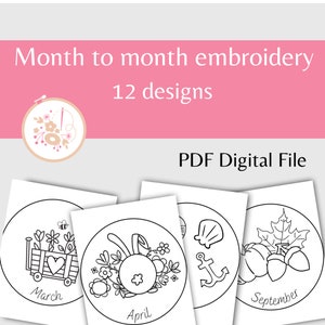 Set of month to month Embroidery patterns, PDF Digital Download, 12 hand embroidery holiday designs, 1 design per month, Embroidery Journal