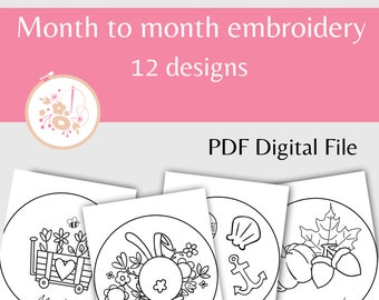 Set of month to month Embroidery patterns, PDF Digital Download, 12 hand embroidery holiday designs, 1 design per month, Embroidery Journal
