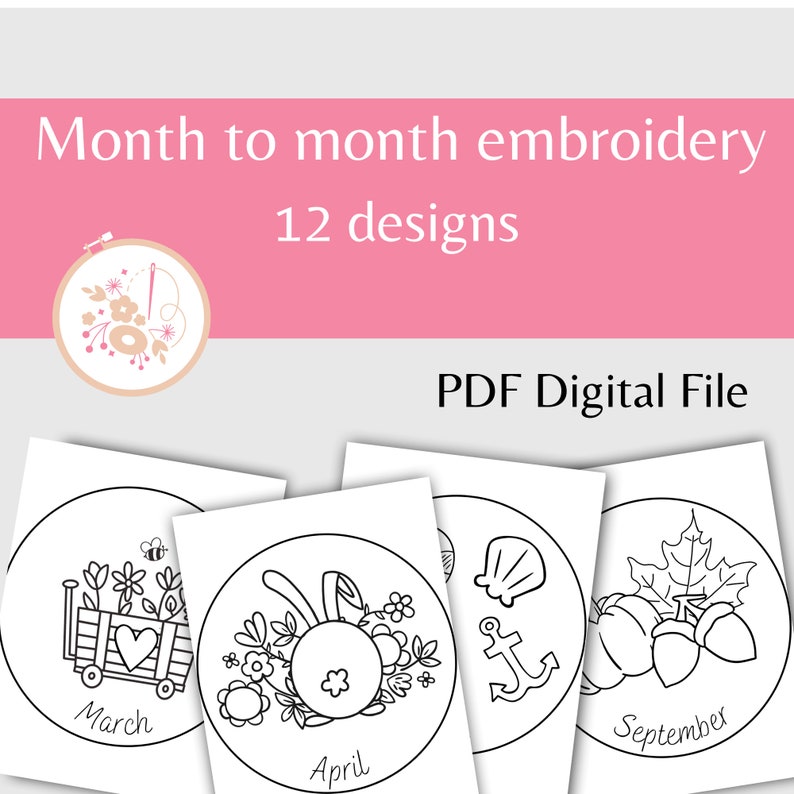 May include: A set of 12 black and white embroidery designs for each month of the year. The designs include a heart in a wagon, a bunny with a basket, a seashell and anchor, and a leaf with acorns. The designs are labeled with the month they represent.