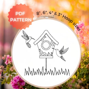 Hummingbirds and birdhouse PDF Embroidery Pattern - Instant Download, 8" - 3", Floral Humming birds, Modern Hand Embroidery, Intermediate