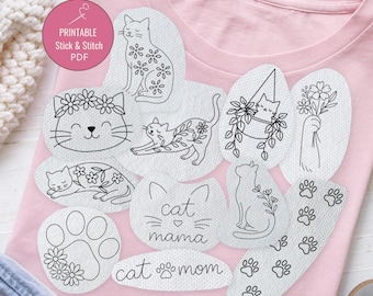 Cat Stick and Stitch Embroidery Pattern PDF |Floral Cat Designs | Cute Floral Animal Embroidery for Shirts, Sweaters and Tote Bag