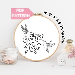 Hummingbirds and flower PDF Embroidery Pattern - Instant Download, 8" - 3", Floral Humming birds, Modern Hand Embroidery, Beginners