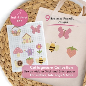 Stick and Stitch Cross Stitch Pattern PDF, Cottagecore Clothing Embroidery Designs, Water Soluble Printable Patterns, Bee, Butterfly Pack