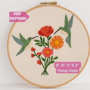 Hummingbirds and flower bouquet PDF Embroidery Pattern - Instant Download, 8" - 3", Floral Humming birds, Modern Hand Embroidery, Beginners