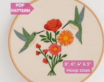 Hummingbird Floral Embroidery Pattern: Beginner Modern Hand Stitch (PDF Download, 8-3 inch Hoops)