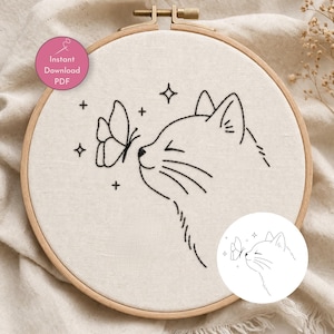 Padrão de bordado em PDF para amantes de gatos, desenho de bordado de rosto de gato, contorno de gato com borboleta, padrão de bordado à mão para iniciantes.