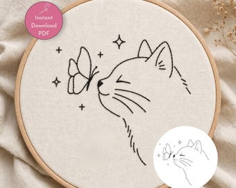 Cat Lover Embroidery Pattern PDF, Cat Face Embroidery Design, Butterfly Cat Outline, Hand Embroidery Pattern Beginner