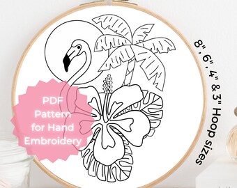 May include: Black and white line art embroidery pattern of a flamingo, palm tree, and hibiscus flower. The pattern is suitable for 8, 6, 4, and 3 inch embroidery hoops. PDF pattern for hand embroidery.