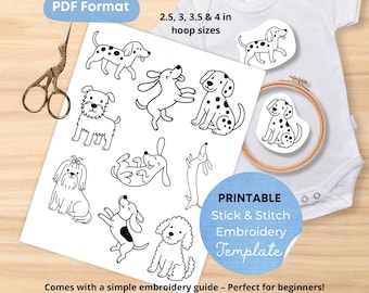 Dog Printable Stick and Stitch Embroidery Patterns PDF | Cute Puppy Motifs for Baby, Toddler Clothes, Onesie | Wash Away Embroidery Patterns