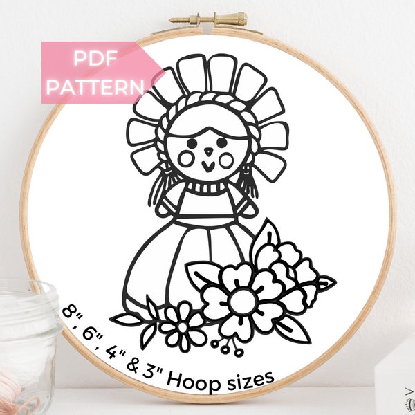 Floral Mexican Doll - PDF Embroidery Pattern - Instant Download, 8" - 3", Flowers, Mexico, Cute Doll, Modern Hand Embroidery, Intermediate