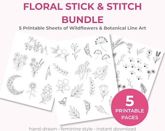 Floral Embroidery Printable Stick and Stitch BUNDLE | 5 Floral Sheets for Hand Embroidery | Print and Stitch PDF Download