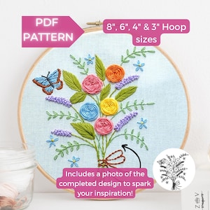 Blumenstrauß und Schmetterling - PDF Handstickerei Muster - Instant Download, 20 - 3 cm, moderne Handstickerei, florale Motive, süßer Strauß