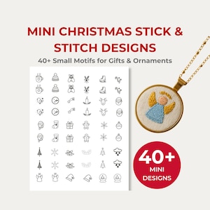 May include: A gold-colored necklace with a round pendant featuring an embroidered angel with blue wings and a peach face. The image also shows a sheet with 40+ mini Christmas stick and stitch designs, and the text "40+ MINI DESIGNS".
