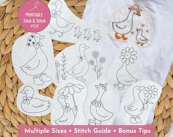 May include: A collection of white stick-and-stitch embroidery patterns featuring various duck designs, including ducks with flowers, bonnets, and umbrellas. A pink circular label reads PRINTABLE Stick & Stitch PDF, and a pink banner reads Multiple Sizes • Stitch Guide • Bonus Tips.