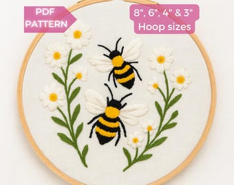 Floral Bees - Easy PDF Embroidery Pattern Design - Instant Download, 8" - 3", Floral, Cute  Modern Hand Embroidery, Bees