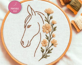 Horse Embroidery Pattern | Elegant Floral Line Art (PDF Download)