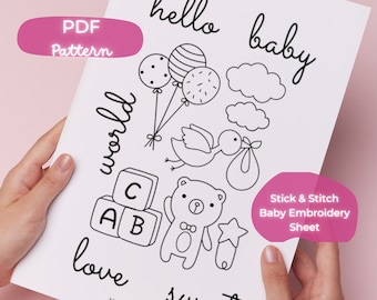 Baby Printable Stick and Stitch Sheet, Cute Baby Motifs for Hand Embroidery – PDF Pattern – Decor Onesies – Instant Download