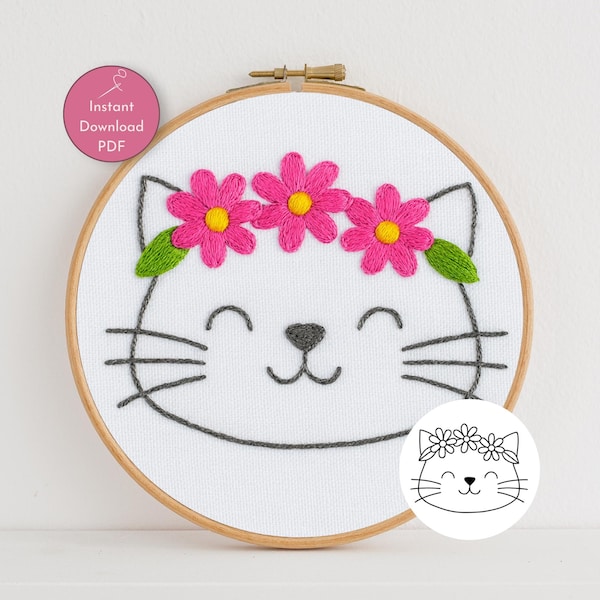 Molde de Bordado de Gato em PDF | Molde de Bordado à Mão com Rosto de Gato Floral | Desenho de Bordado para Imprimir | Desenho de Gatinho Fofo