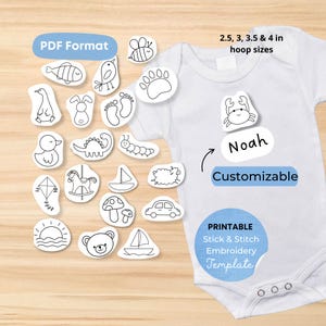 Puede incluir: Un body blanco para bebé con un aplique de cangrejo y el nombre "Noah". La imagen también presenta varias plantillas de bordado imprimibles en formato PDF, incluyendo una abeja, un pez, un pájaro y otros diseños.