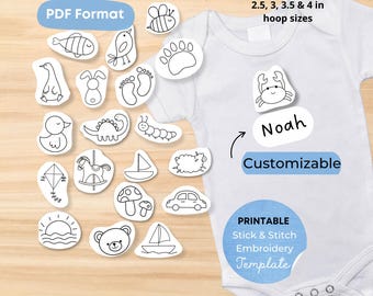 Custom Baby Boy Name Stick and Stitch Embroidery Pattern PDF | Cute Printable Embroidery Designs for Onesies & Clothes | Digital Download