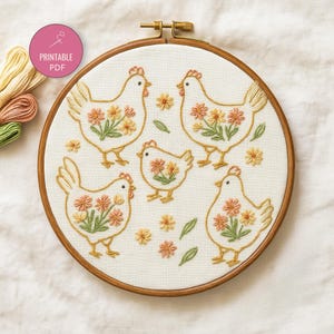 Floral Chicken Embroidery Pattern PDF – Country Farmhouse Hand Embroidery Design | Modern Hen & Chicks Hoop Art | Digital Pattern Download