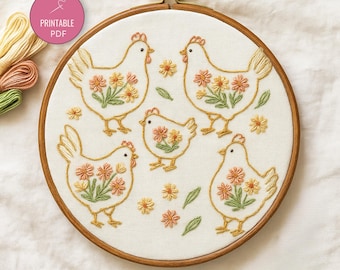 Floral Chicken Embroidery Pattern PDF – Country Farmhouse Hand Embroidery Design | Modern Hen & Chicks Hoop Art | Digital Pattern Download
