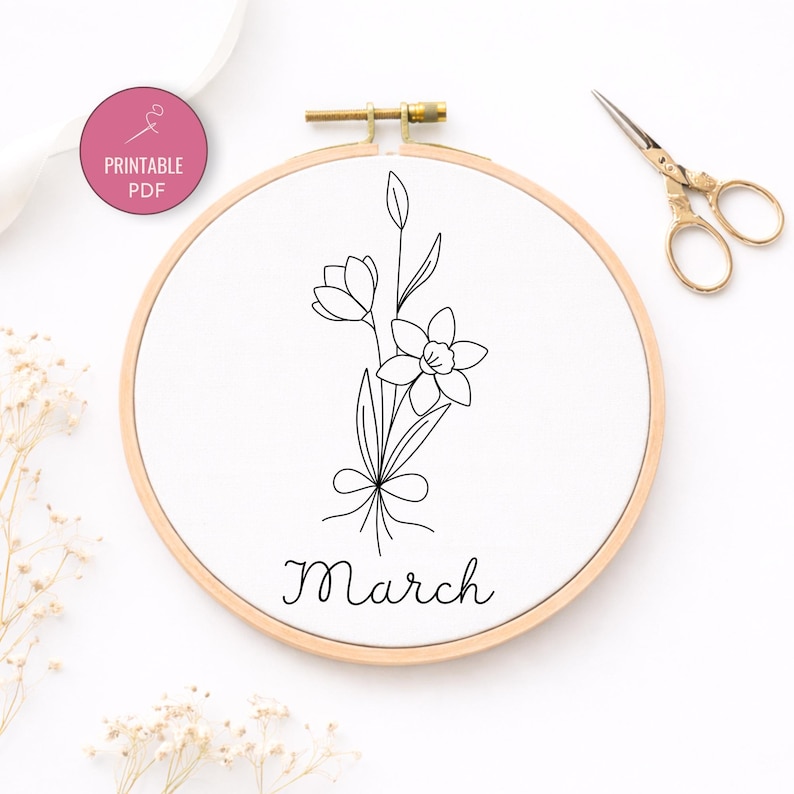 March Pattern Sample March Birth Flower Embroidery Pattern PDF | Elegant Daffodil With Bow ...