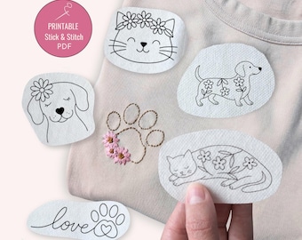 Cat and Dog Stick and Stitch Embroidery Patterns PDF | Cute Pet Embroidery Designs | Floral Animal Hand Embroidery | Beginner Pattern