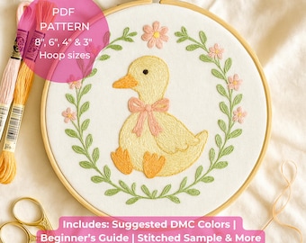 Duck Embroidery Pattern PDF – Cottagecore Hand Embroidery Design with Floral Wreath | Farmhouse Nursery Hoop Art | Digital Pattern Download
