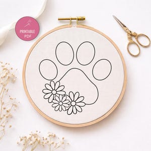 Dog Paw Embroidery Pattern PDF | Floral Paw Print Hand Embroidery | Printable Pet Embroidery Design | Simple Line Art