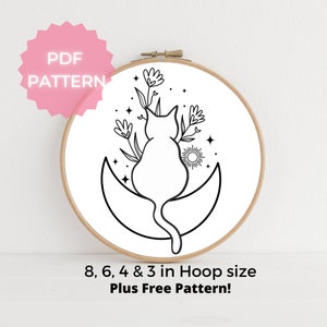 Cat & Moon PDF Embroidery Pattern, Instant Digital Download, 8 - 3 in, Floral Moon, Celestia Hand Embroidery, Cat Sitting on the Moon