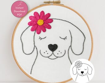 Floral Dog Face Embroidery Pattern PDF | Cute Puppy Line Art | Beginner Hand Embroidery Template | Printable Embroidery Design