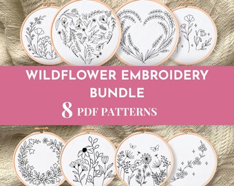 Wildflowers Hand Embroidery Pattern Bundle | 8 Floral Embroidery Designs PDF | Simple Flower Embroidery Template | Instant Download PDF