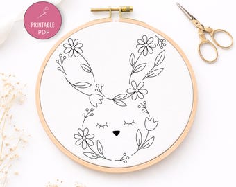 Easter Bunny Embroidery Pattern PDF • Floral Spring Rabbit Hoop Design • Printable Hand Embroidery Template