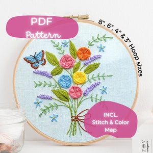 Bouquet de fleurs et papillon - motif de broderie à la main PDF - téléchargement immédiat, carte en couleurs et à points, moderne, motifs floraux, joli bouquet