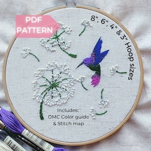 Motif de broderie colibri et pissenlit Téléchargement instantané au format PDF, broderie colibri, broderie florale, broderie à la main, couleurs DMC et carte de points