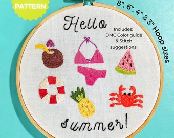 Hello Summer - Funny summer PDF embroidery pattern, Instant Digital Download, 8 - 3 in, pineapple, cute, bikini, Modern Hand Embroidery