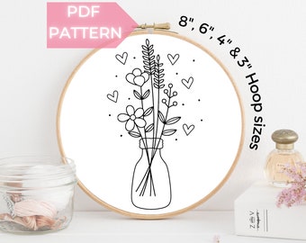 Floral Bouquet Embroidery Pattern: Wildflower Jar Design PDF Download, 4 Sizes