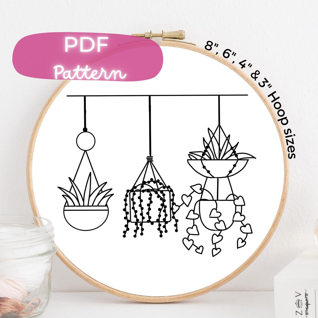 Boho Hanging Potted Plants - PDF Hand Embroidery Pattern - Instant ...