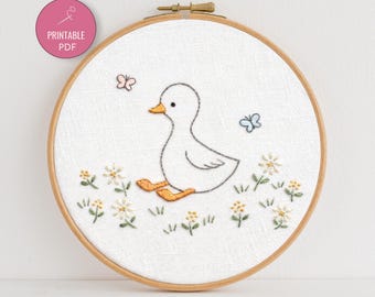 Silly Goose Embroidery Pattern PDF | Cute Goose Floral Embroidery | Beginner Hand Embroidery Pattern | Cottagecore Goose Design