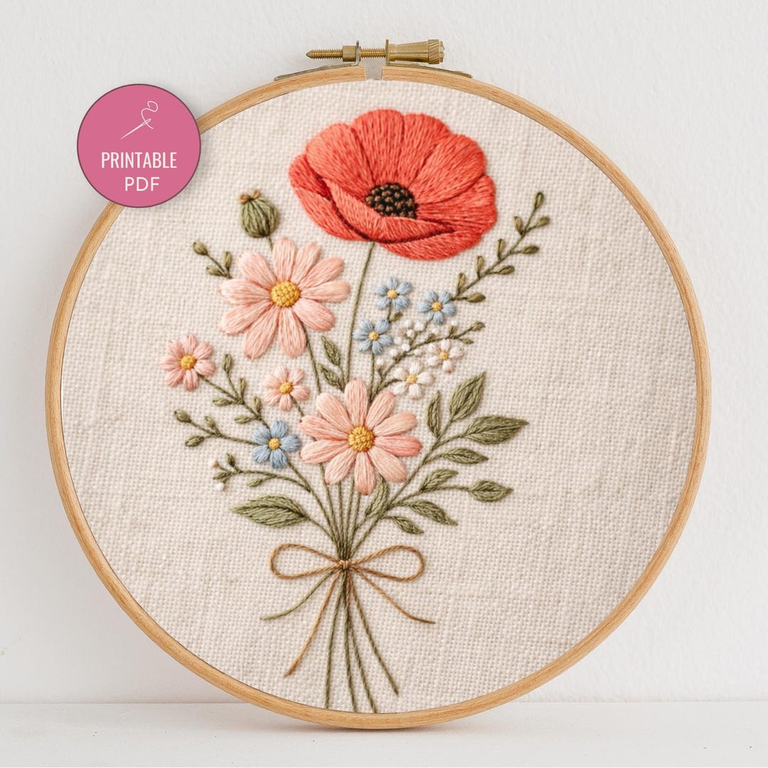 Floral Bouquet Embroidery Pattern PDF | Poppy Flower Hand Embroidery ...