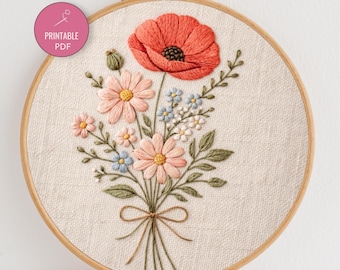 Floral Bouquet Embroidery Pattern PDF | Poppy Flower Hand Embroidery Design with Color Guide & Stitch Map | Modern Elegant Floral