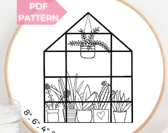 Cute Greenhouse - PDF Hand Embroidery Pattern - Instant Download, Cute Plant Garden, Potted plants, Embroidery Template, Plants Design