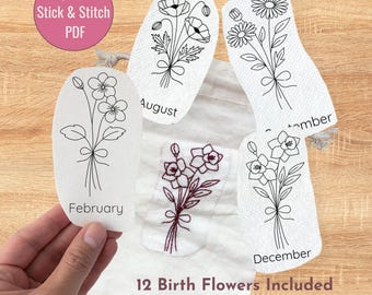 Birth Flower Stick and Stitch Embroidery Bundle | 12 Month Flowers | Printable Hand Embroidery PDF | Water Soluble Transfer Template