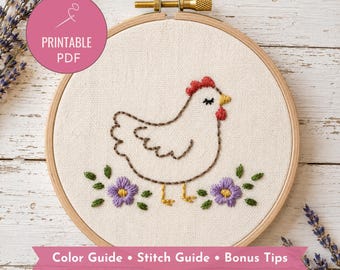 Chicken Embroidery Pattern PDF, Cottagecore Embroidery Design, Cute Hen Pattern, Farmhouse Hand Embroidery
