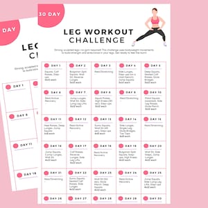 Op de afbeelding: Een 30-daagse been-workout challenge-kaart met roze cirkels en tekst. De kaart bevat een lijst met oefeningen voor elke dag, waaronder squats, lunges en bridges.