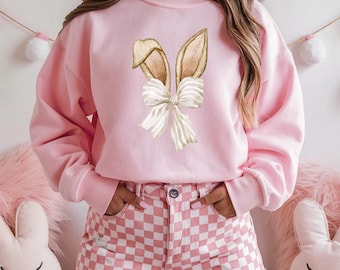 Coquette Bow Bunny Ears Shirt, Cute Bunny Sweatshirt, Rabbit Tee, Happy Easter Day Gift, Coquette Easter, Cute Easter Shirt,mother’s Day gif